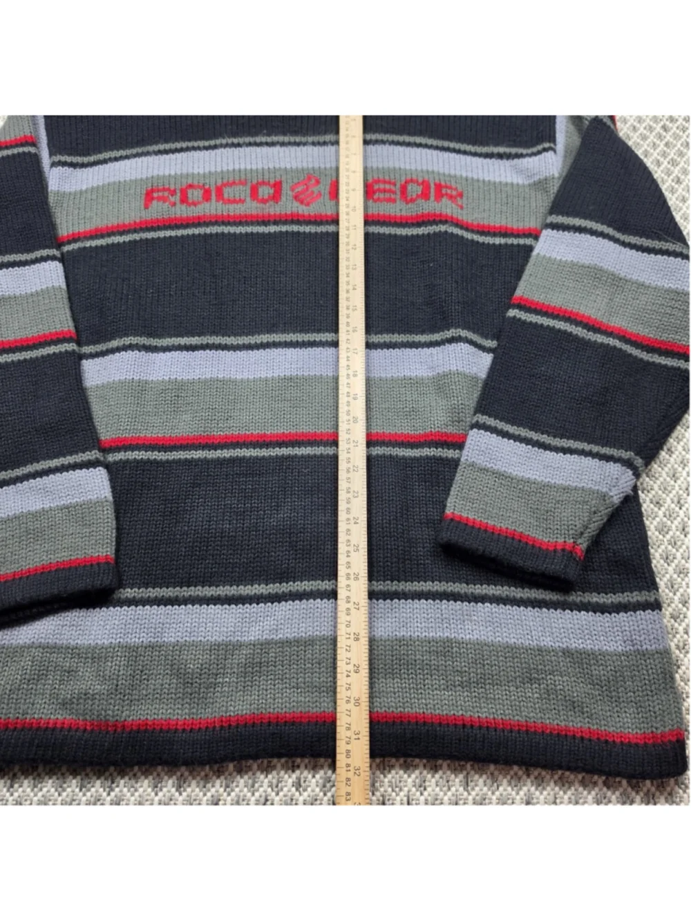 Rocawear Striped Knit Sweater XL Black Gray Red Embroidered Logo Y2K Hip Hop